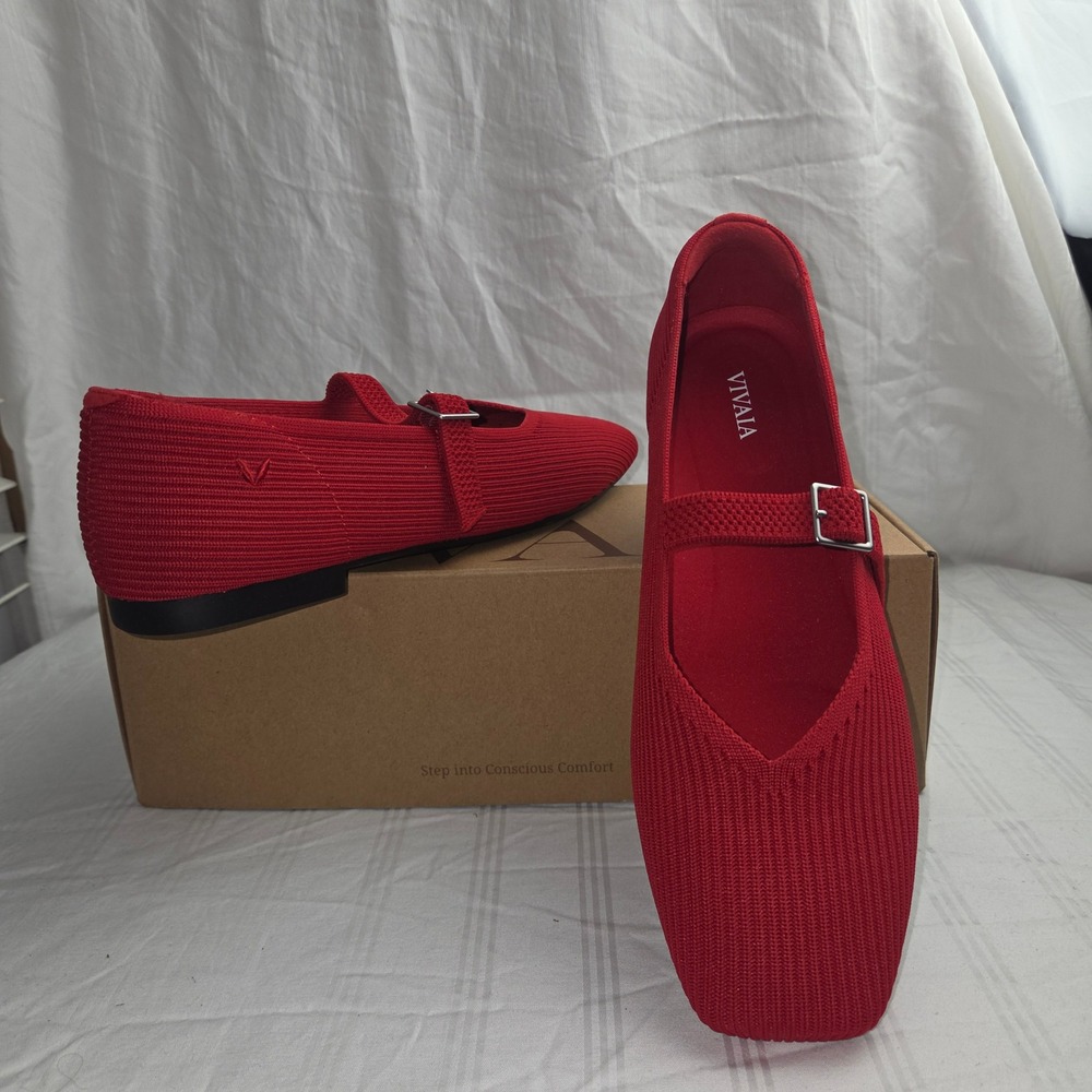 VIVAIA Margot Mary Jane Ruby Red Square Toe Knit Flats EU 37.5 US 7 - Picture 14 of 16